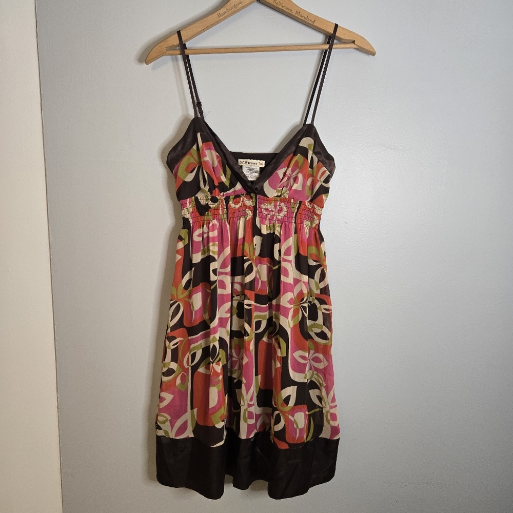 Y2K 70s Spring Forever 21 Boho A-line Pink Brown Babydoll Mini Dress Small Retro